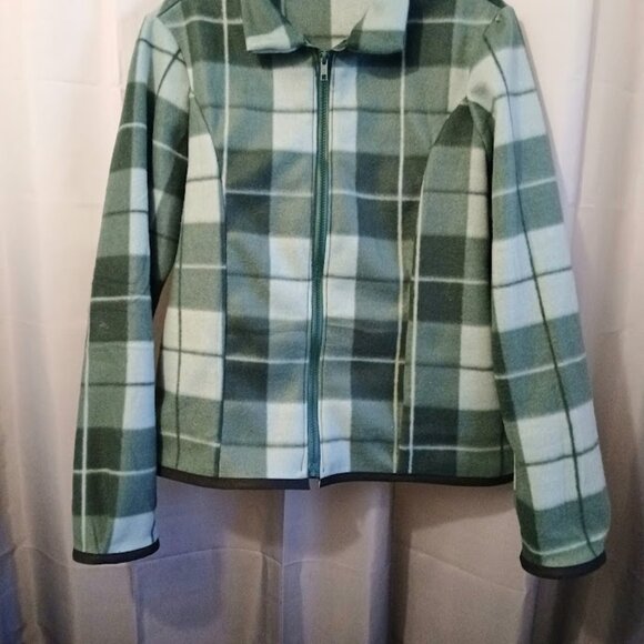 New Plaid Fleece Full Zip up Sweatshirt womens L Green Sage Collared w/2 Pockets - Picture 3 of 8